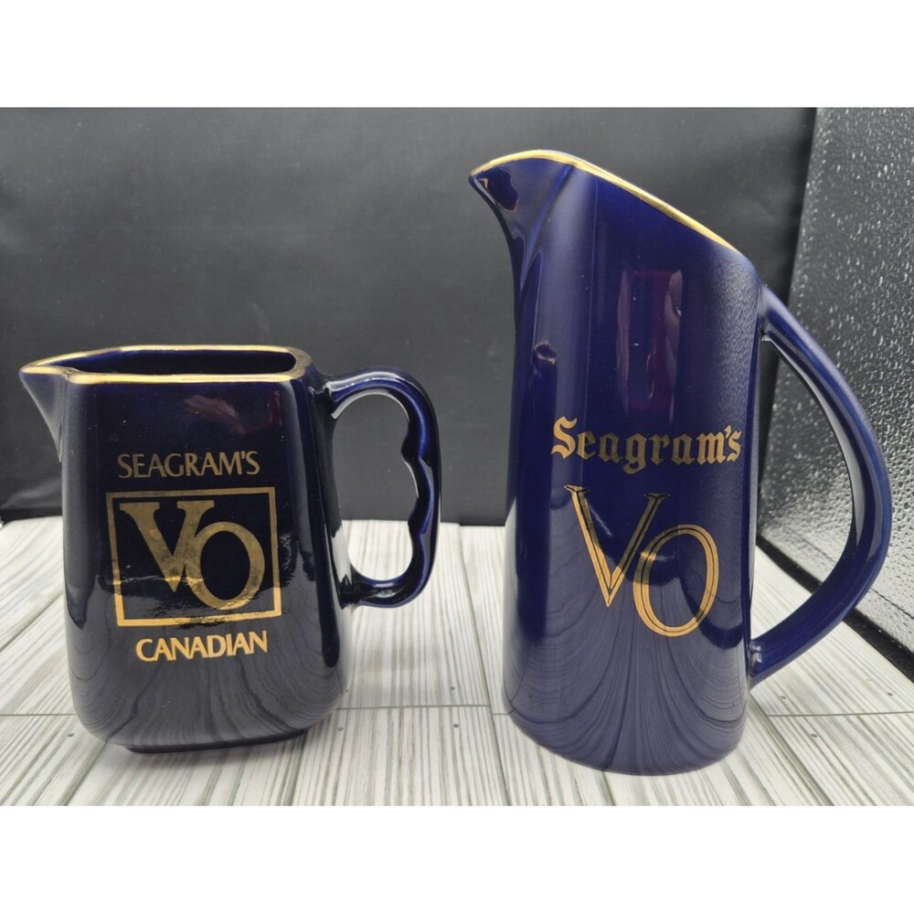Lot of 2 Seagram's VO Canadian Whiskey Pitchers Cobalt Blue Gold Trim Vintage